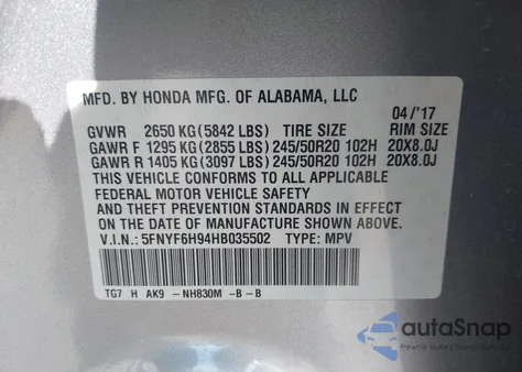 2017 Honda Pilot Touring из США, поврежденный, VIN 5FNYF6H94HB035502